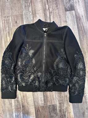 Mistress Rocks Black Sheer Mesh Embroidered Bomber Jacket Size S